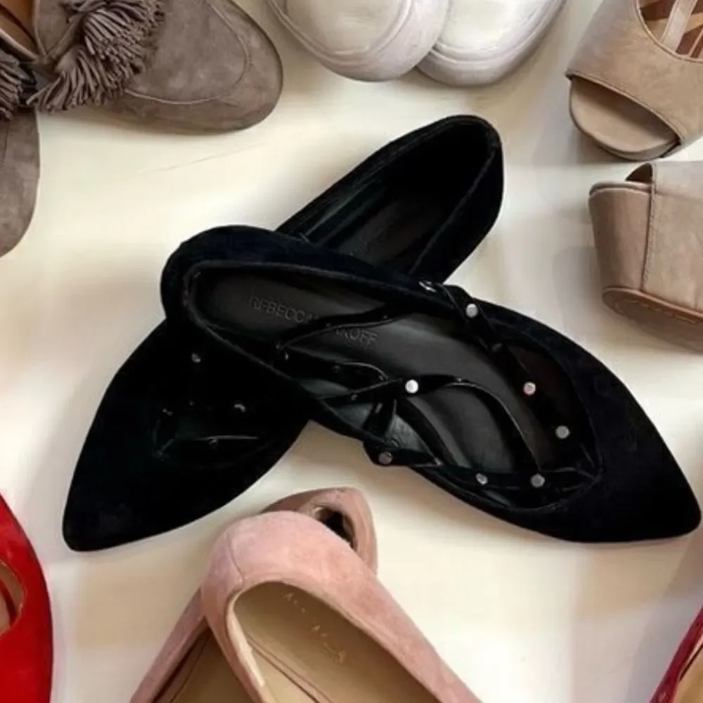 Rebecca Minkoff Black Hexagon Heel Strappy Rivet Pointed Toe Suede Leather Flats
